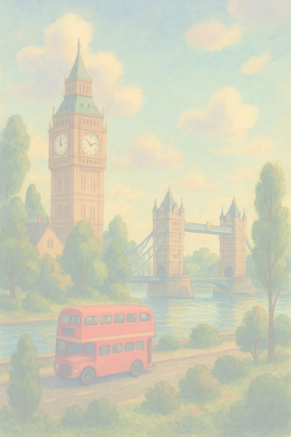 A painterly-style background image of London featuring Big Ben, the London Bridge, and a red double-decker bus driving along a river.